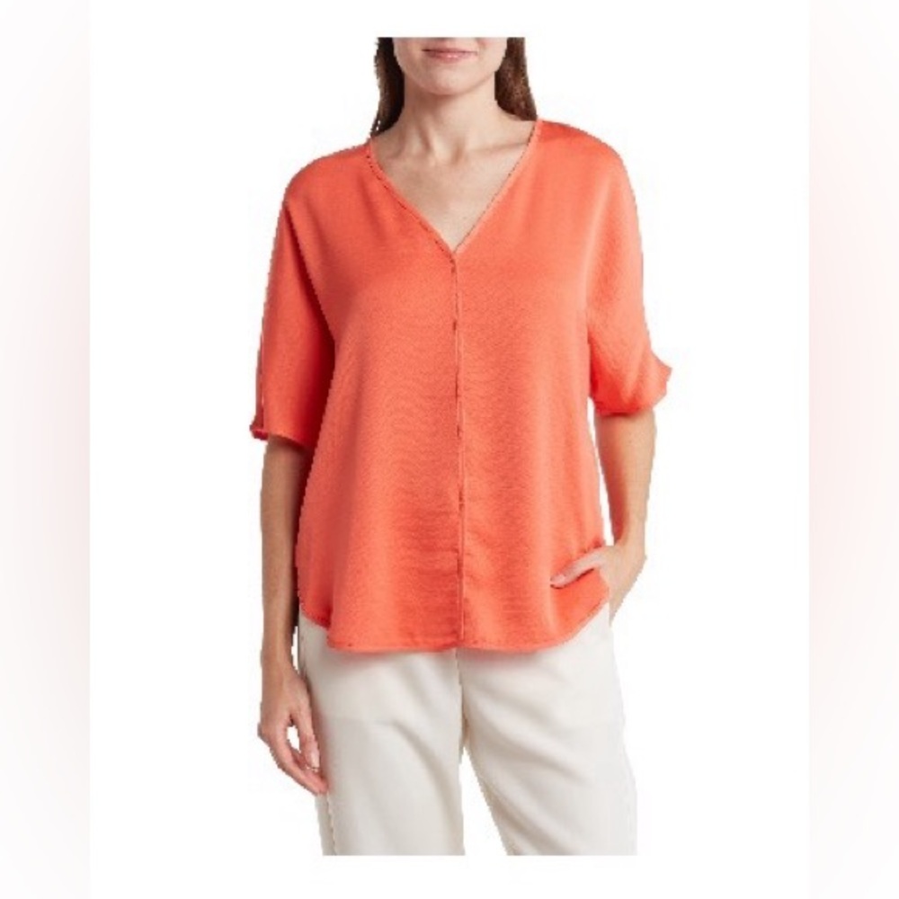 🔥DKNY🔥Persimmon V-Neck blouse, short sleeves, could be considered elbow length